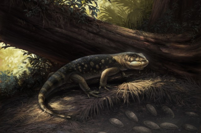 A life-like painting of a large lizard lurking over a nest of dinosaur eggs with one already in its mouth 